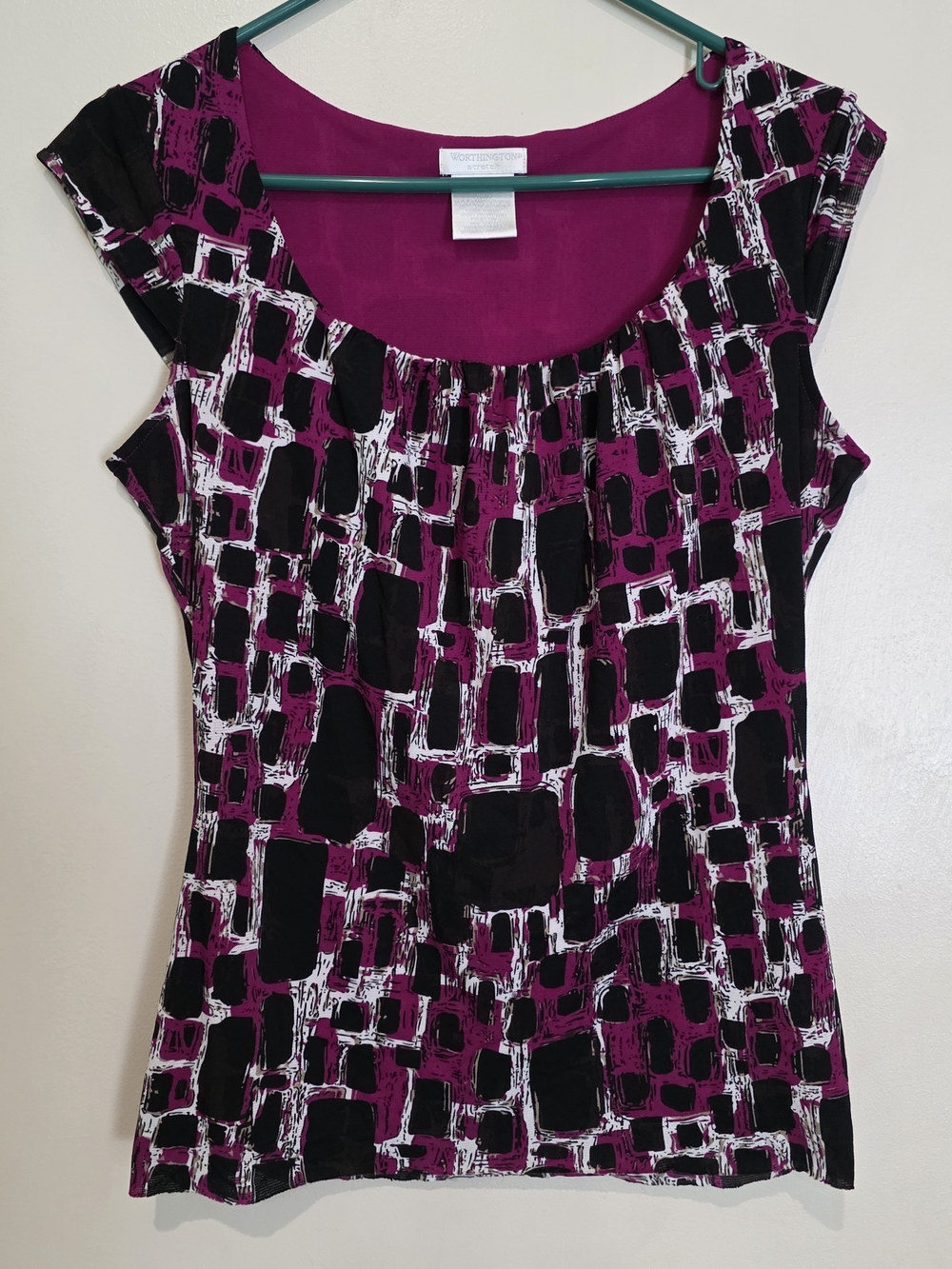 Worthington Women's Purple Black White Geometric Stretch Knit Top Sleeveless SM